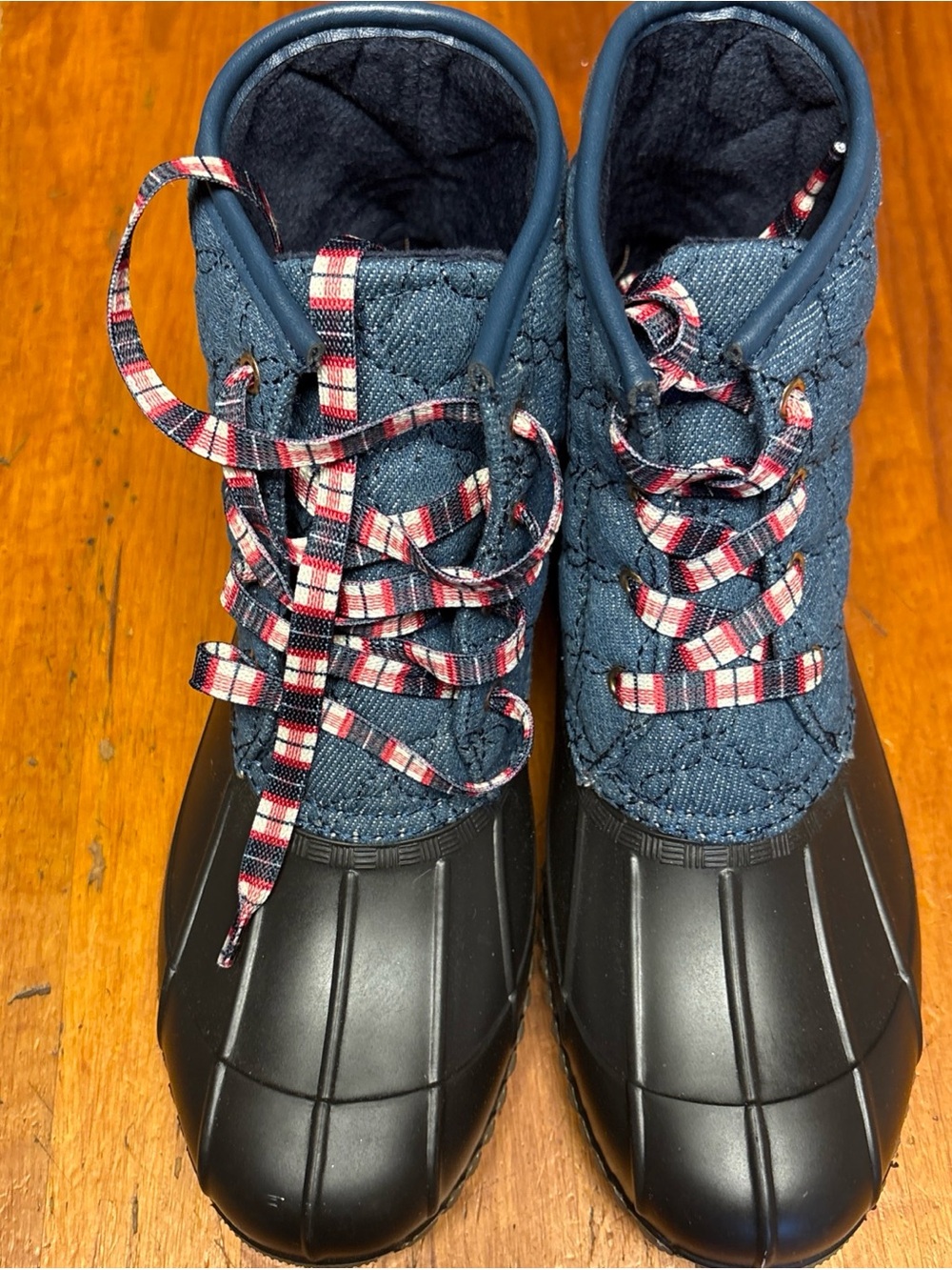 Quilted Navy Ankle Duck Boots with Red Plaid Laces
